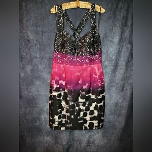 Calvin Klein cross strap women's dress in black, pink, and white abstract NWOT